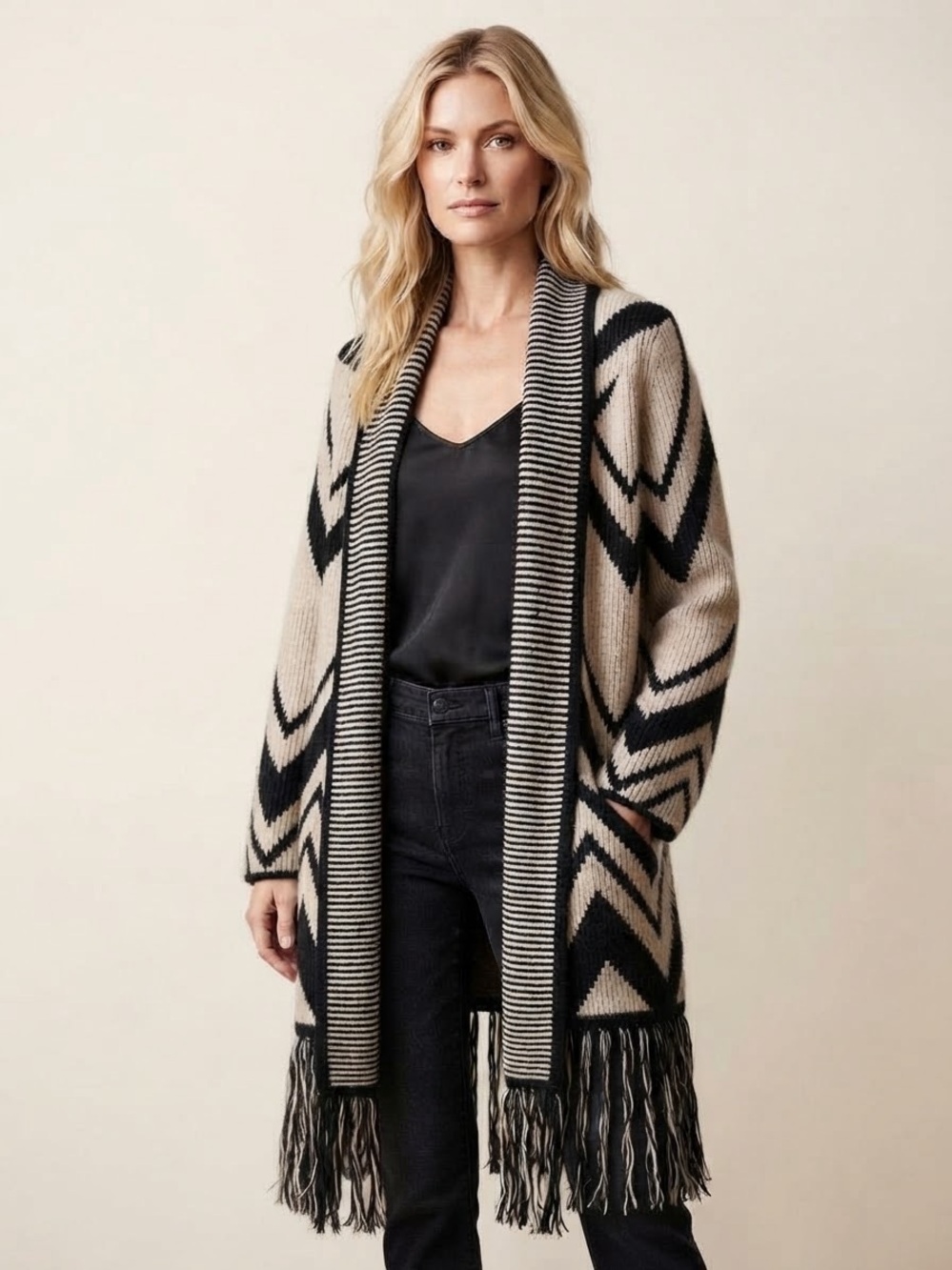 Chico's Beige & Black Chevron Fringe Open-Front Southerstern Cardigan Size XL